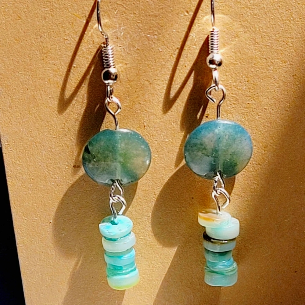 Handcrafted Green Aventurine And Shell Earrings